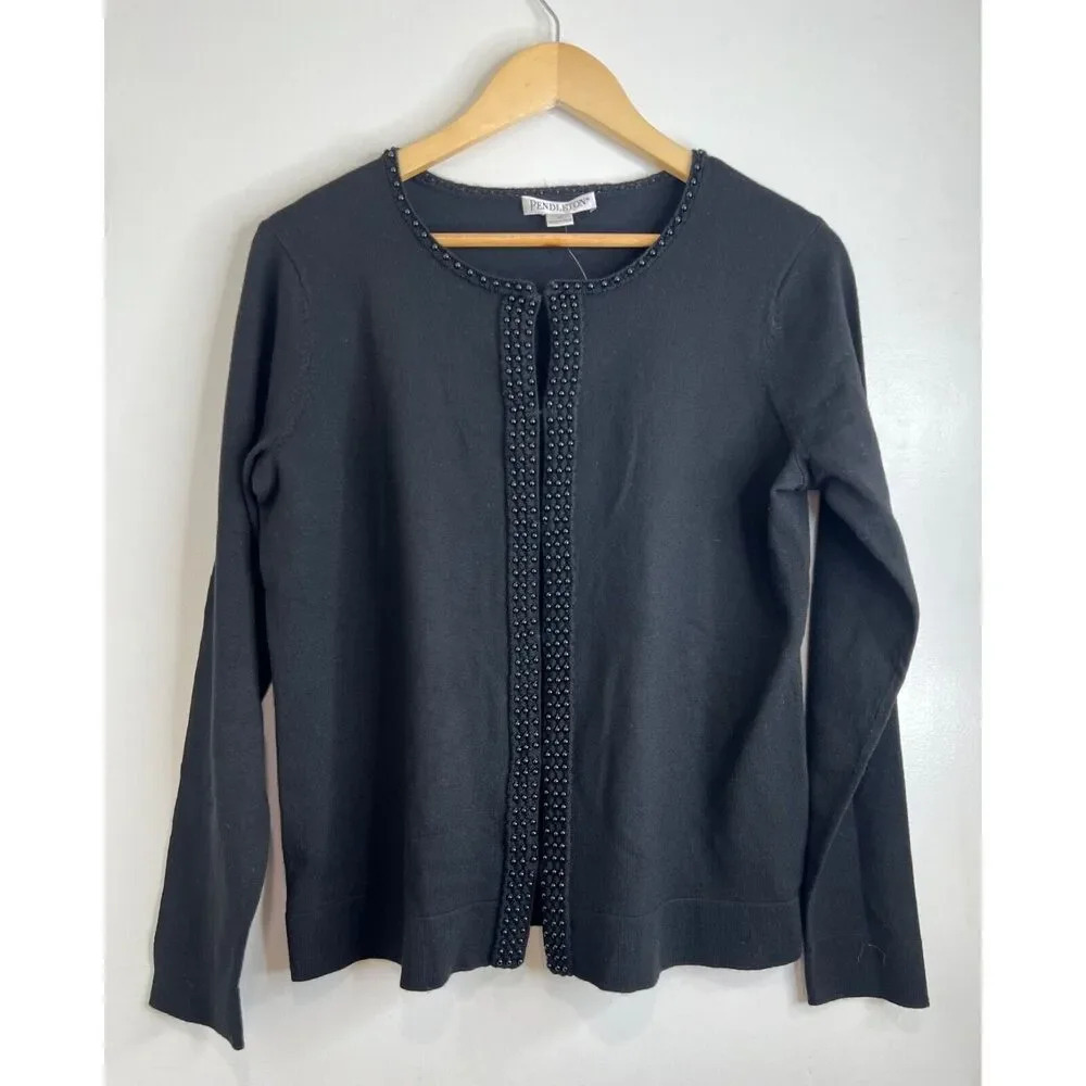 Pendleton vintage size MEDIUM beaded cardigan merino wool sweater black new M